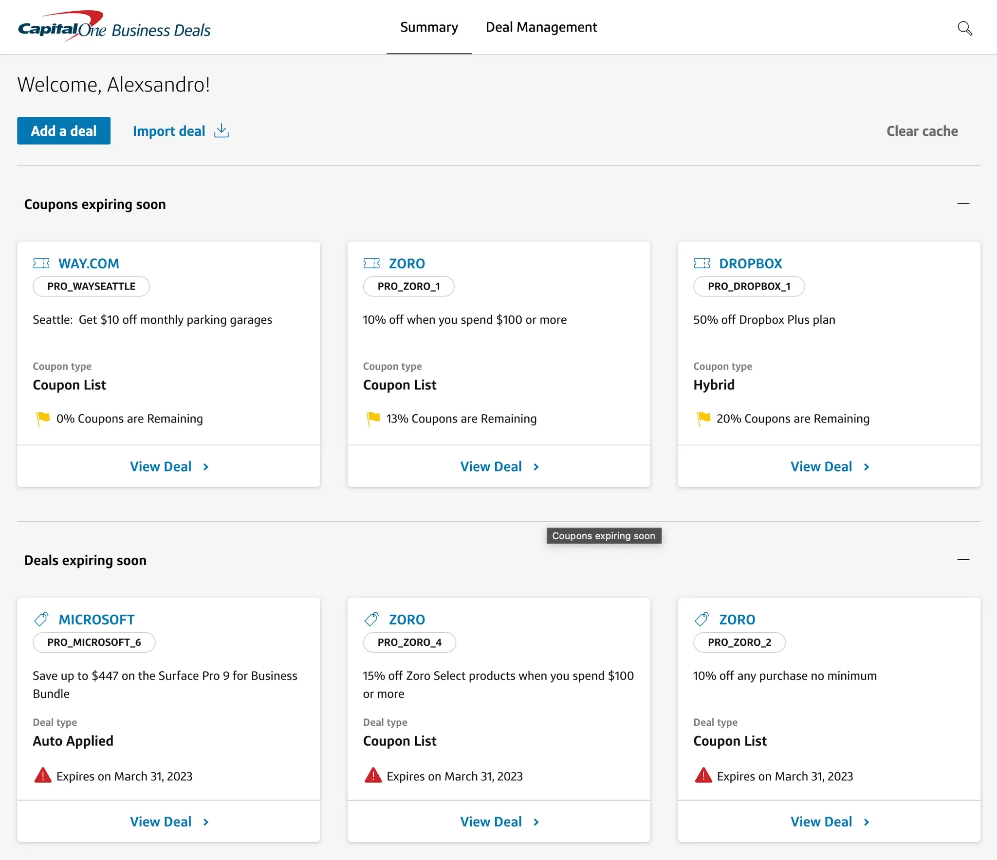 Summary page showing the administrative deal-management surface.