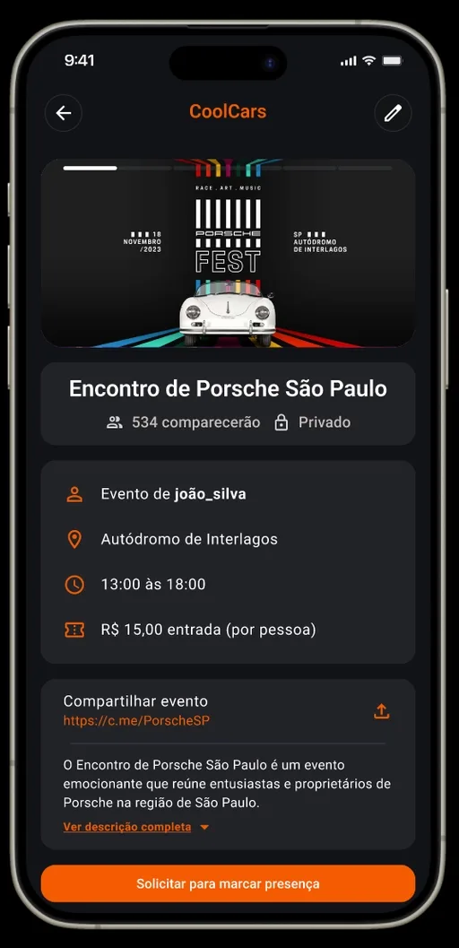 CoolCars mobile interface showing a car-meetup detail screen.