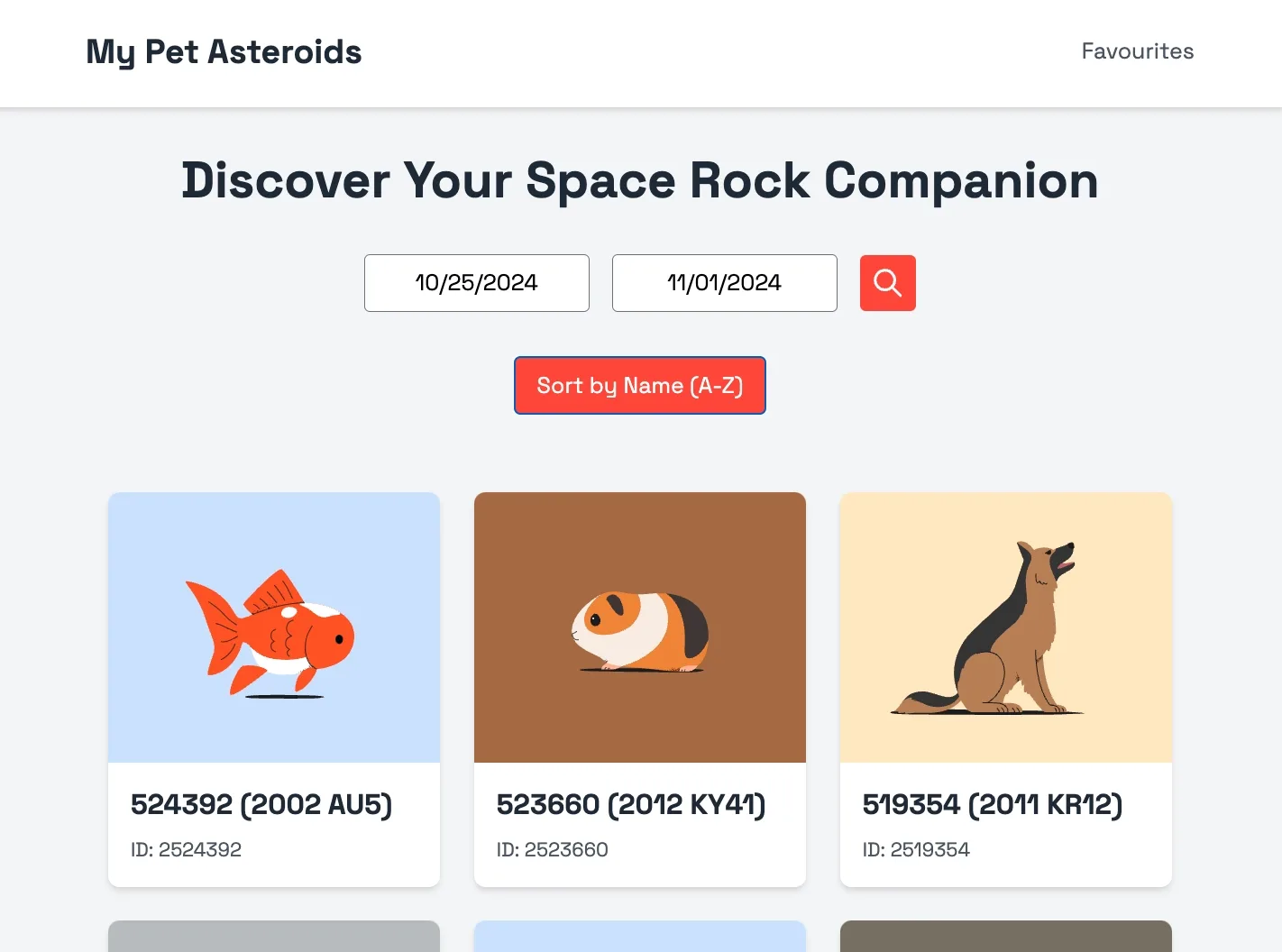 Home/discovery screen with filters, sort and asteroid companion cards.